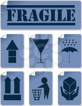 Badly glued stickers, transportation symbols set in blue tones, isolated and grouped objects against white background
