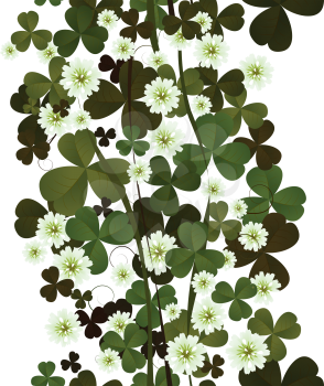 Clover leaves and flowers seamless tile on white.