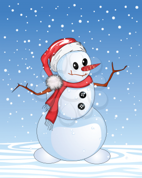 Happy snowman cartoon, Christmas and New Year celebration card.