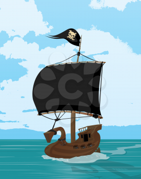 Black sails pirate ship, cartoon art illustration