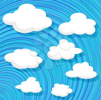 Illustration of cartoon style clouds over a blue sky design.