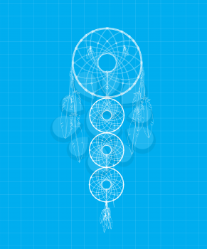 Native American-Indian dreamcatcher blue print sketch.