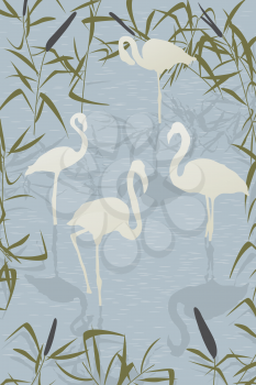 Romantic background illustration with flamingo birds on the lake