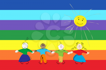 Conceptual graphic with children silhouettes over a rainbow peace flag