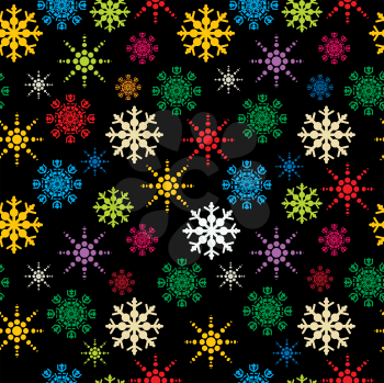 Winter holidays seamless pattern with colored snowflakes, abstract art