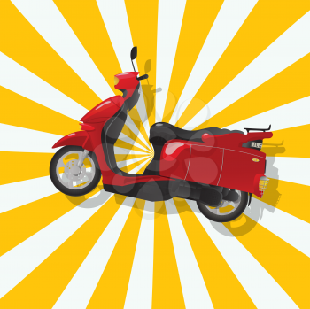 Retro art drawing of a shiny red scooter and shadow over a stripped background.