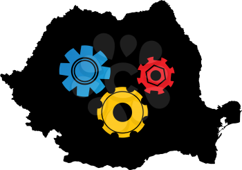 Conceptual graphic icon of Romania map with working gears in flag colors.