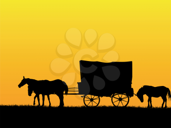 Western stage coach wagon and horses on the prairie