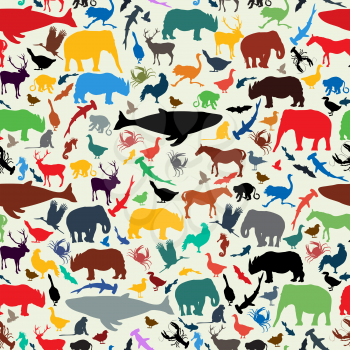 Wild life animal silhouettes  seamless pattern design in retro style colors