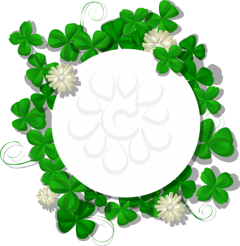 Saint Patricks Day vector round frame with shamrock leaves and flowers over white background