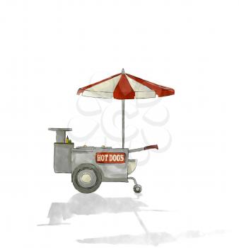 Watercolorstyle drawing of a hot dog cart against white background