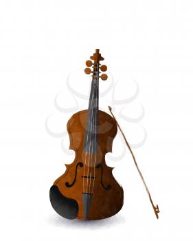 Watercolor violin and bow over white background