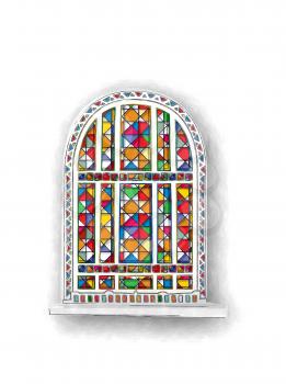 Watercolor illustration with a stained glass window over white