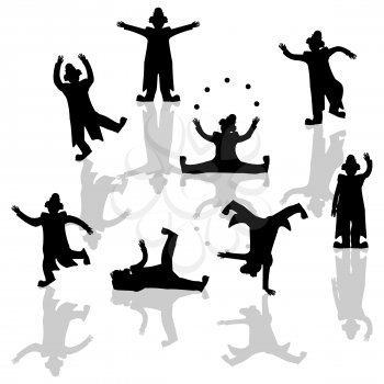 Performing clowns silhouettes over white background
