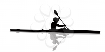 Silhouette of a kayaker on water, isolated objects over white background