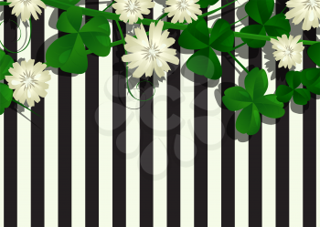 Clover leaves and flowers  over a striped background