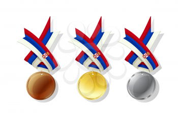 Serbian medals in gold, silver and bronze with national flag. Isolated vector objects over white background