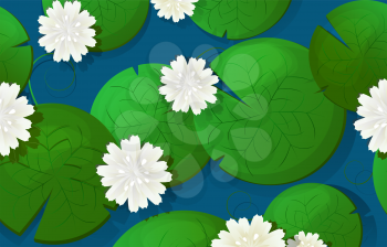 White lotus flowers and leaves over blue, vector background