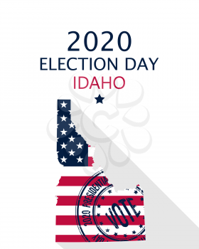 2020 United States of America Presidential Election Idaho vector template.  USA flag, vote stamp and Idaho silhouette
