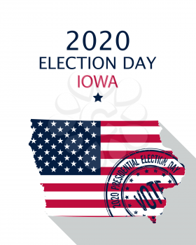 2020 United States of America Presidential Election Iowa vector template.  USA flag, vote stamp and Iowa silhouette