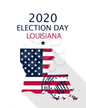 2020 United States of America Presidential Election Louisiana vector template.  USA flag, vote stamp and Louisiana silhouette