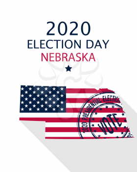 2020 United States of America Presidential Election Nebraska vector template.  USA flag, vote stamp and Nebraska silhouette