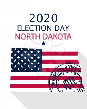 2020 United States of America Presidential Election North Dakota vector template.  USA flag, vote stamp and North Dakota silhouette