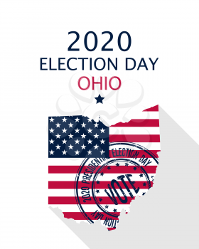 2020 United States of America Presidential Election Ohio vector template.  USA flag, vote stamp and Ohio silhouette