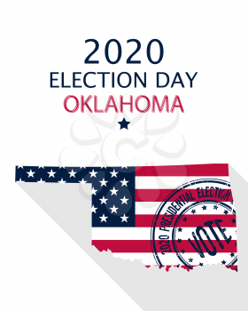 2020 United States of America Presidential Election Oklahoma vector template.  USA flag, vote stamp and Oklahoma silhouette
