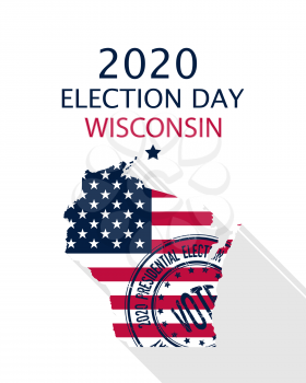 2020 United States of America Presidential Election Wisconsin state vector template.  USA flag, vote stamp and Wisconsin silhouette