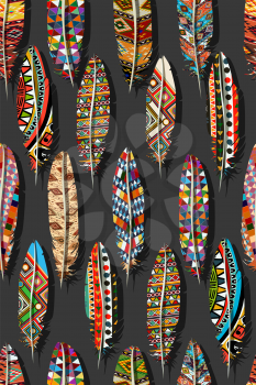 Color feathers embroidery seamless vector  pattern. Decorative feathers embroidery, template for clothes, textiles, t-shirt design, print