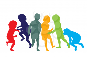 Silhouettes of children playing and running in colors, isolated objects over white background