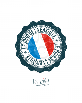 Bastille Day vector rubber stamp with France flag, text and stars over white background