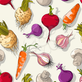 Vector seamless pattern background with vegetables, food menu template