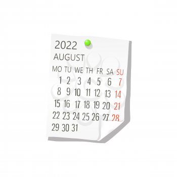 2022 Calendar on white paper, August. Editable vector over white background