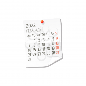 2022 Calendar on white paper, February. Editable vector over white background