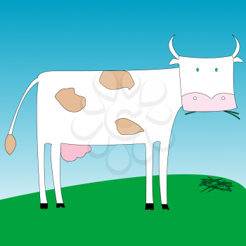 Royalty Free Clipart Image of a Cartoon Cow Eating Grass