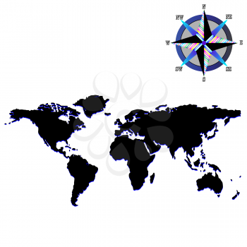 Royalty Free Clipart Image of a Black and Blue Map With a Wind Rose