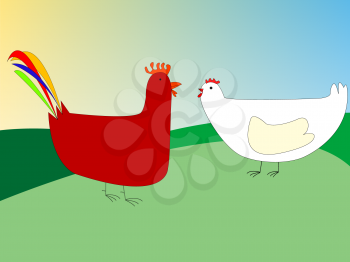 Royalty Free Clipart Image of a Chicken and Rooster