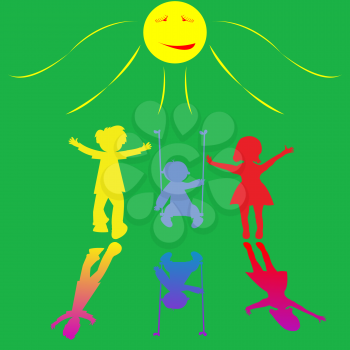 Royalty Free Clipart Image of Primary Coloured Children Silhouettes Playing in the Sun