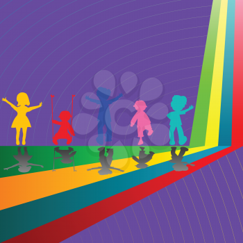 Royalty Free Clipart Image of Silhouetted Children on a Rainbow