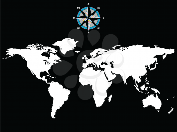Royalty Free Clipart Image of a White Map With Wind Rose on a Black Background