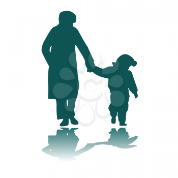 Royalty Free Clipart Image of a Woman and Child in Winter Clothes Walking Hand in Hand