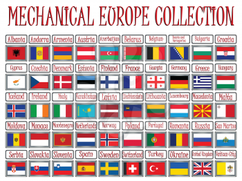 mechanical europe flags collection against white background, abstract vector art illustration