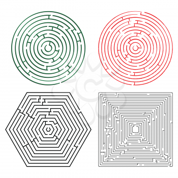 printable mazes collection against white background, abstract vector art illustration