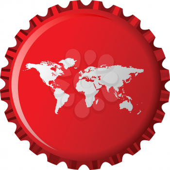 white world map on red bottle cap, abstract object isolated on white background; vector art illustration