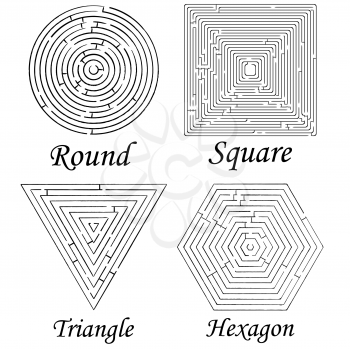 four mazes shapes against white background, abstract vector art illustration