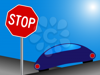 car and stop sign, funny drawing; abstract vector art illustration