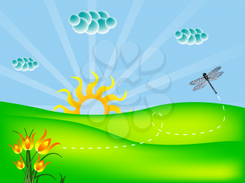 nature landscape with flowers and dragonfly, abstract vector art illustration