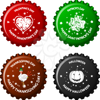 anniversary bottle caps against white background, abstract vector art illustration; image contains transparency
